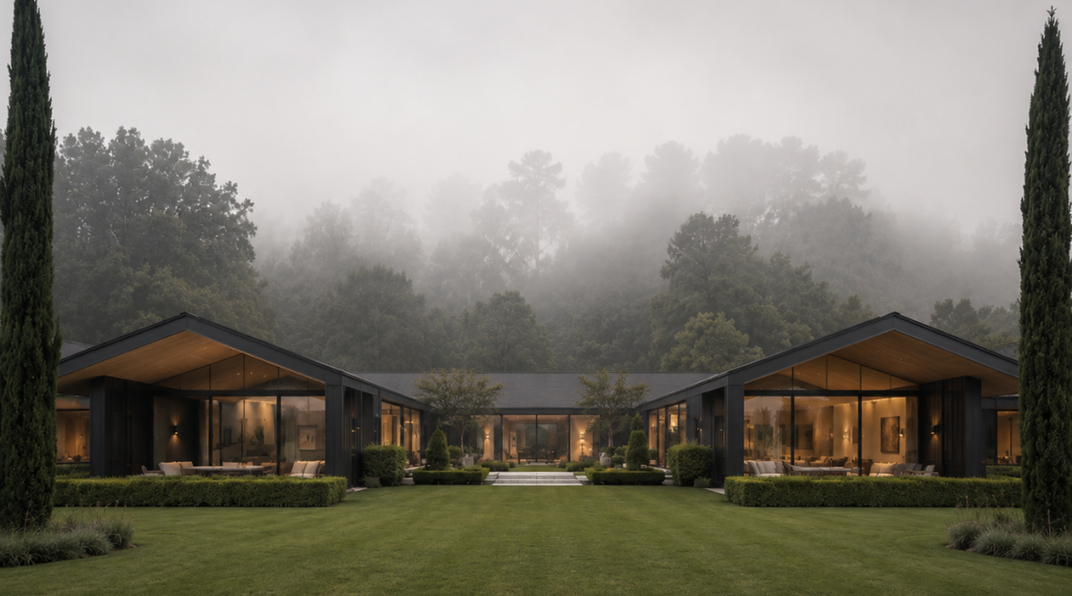Modern single-story house with large glass walls and warm interior lighting, set on a manicured lawn with tall trees and misty forest in the background.