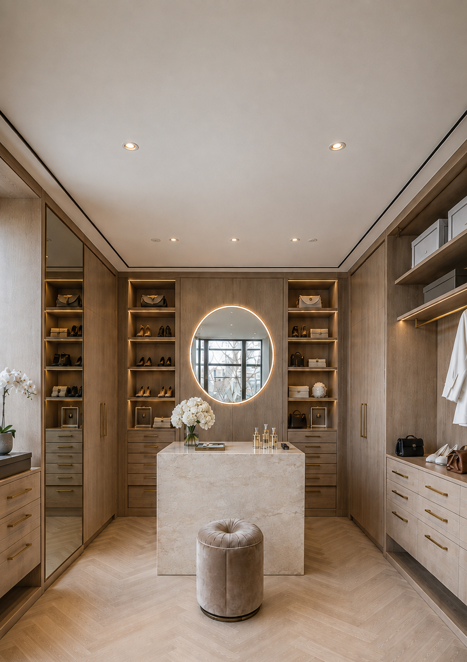 A luxury walk-in closet with light wood herringbone flooring, built-in shelving, a central marble vanity table, a round tufted ottoman, and a glowing circular backlit mirror.