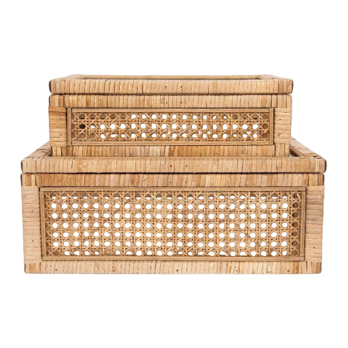 Woven Rattan & Wood Display Boxes with Glass Lid, Set of 2
