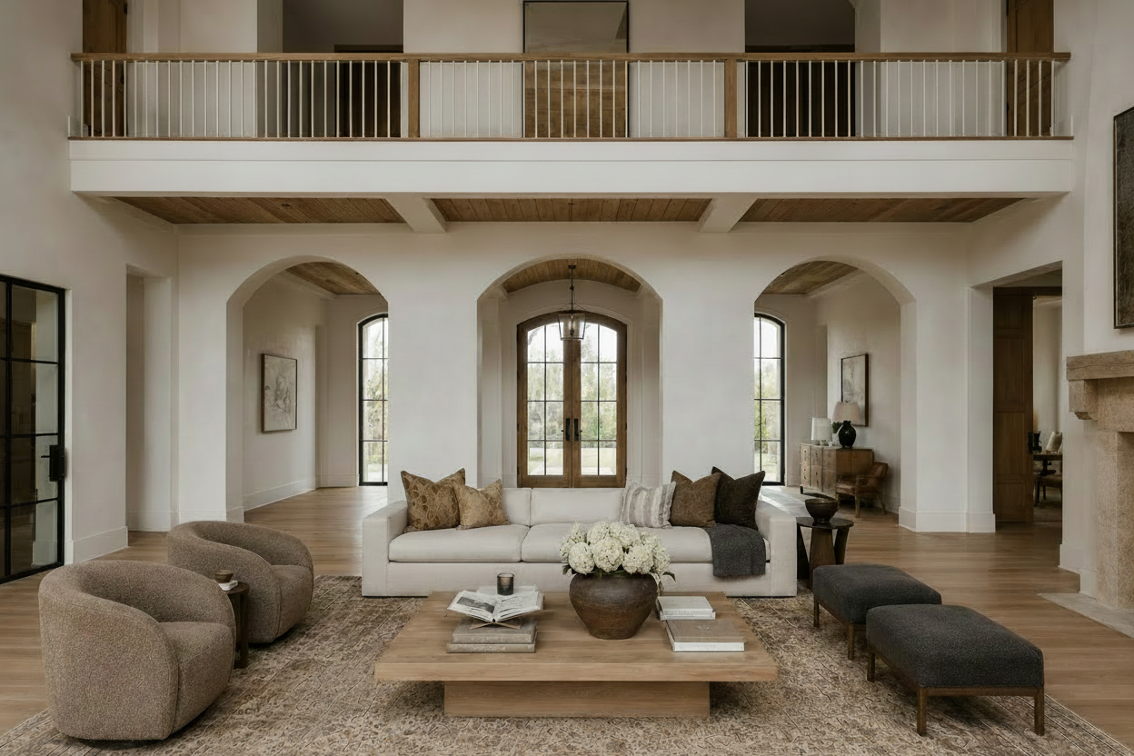 A high-ceilinged, open-plan living room with arched entryways, wood floors, a white sofa with brown and beige pillows, a wooden coffee table with flowers, two upholstered armchairs, and dark gray ottomans. A second-floor balcony with a wood railing is visible above.