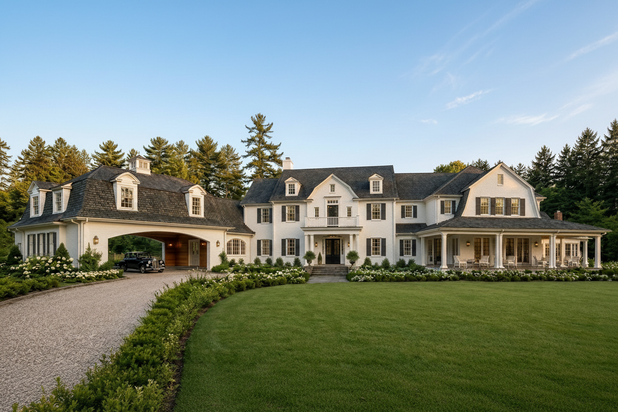 A large white colonial-style mansion with dark slate roofs, multiple dormer windows, a covered front porch, a gravel driveway with an arched entry, manicured green lawn, and tall evergreen trees under a clear blue sky.